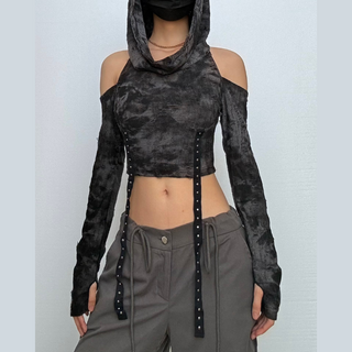 Long sleeve hoodie off shoulder buckle crop top