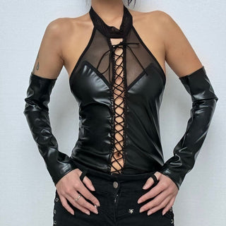 Halter PU leather lace up hollow out gloves bodysuit