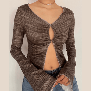 Long sleeve ruffled buttoned slit top