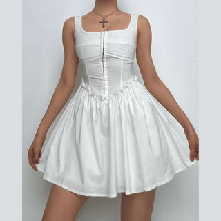 Button ruffle square neck ruched bustier tank mini dress