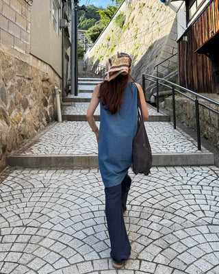 Round neck denim midi dress