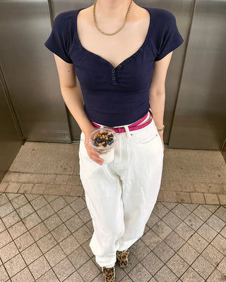 Ribbed button cropped t-shirt