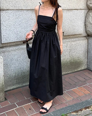 Side-tucked flared long dress