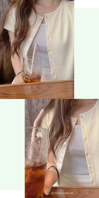 [SET] Cropped Short-Sleeve Ribbed Sleeveless Cardigan Set (4c)