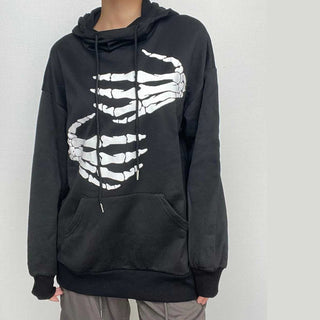 Hoodie drawstring pocket long sleeve skull pattern top-final-sale