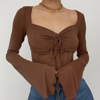 Long sleeve solid drawstring ruched self tie crop top