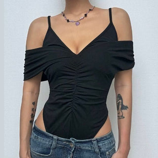 Ruched v neck hollow out cami bodysuit