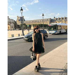 Halter neck frill mini dress
