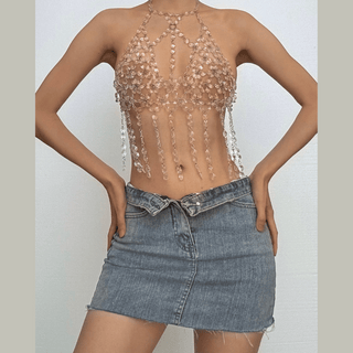 Halter o ring hollow out crystal tassels cut out top