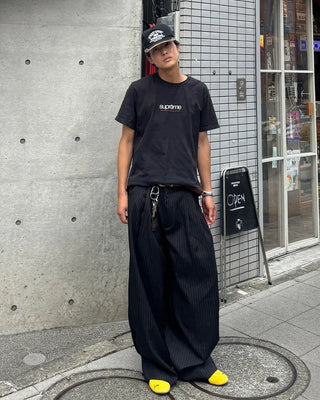 Double-pleated striped slacks