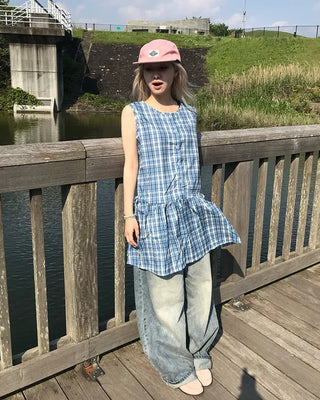 Checkered frill ribbon dress