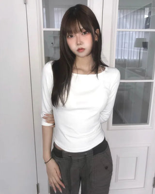 boat neck mid sleeve tee (4color)