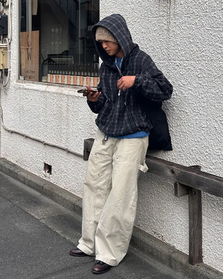 Checkered fleece knit hooded zip-up