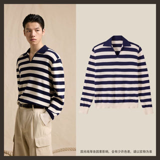 [CULTUM] Cotton Striped Open Collar Knit Sweater