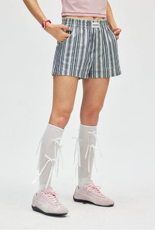 [Monterest] Lace Trim Striped Relaxed Shorts