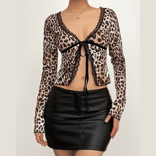Long sleeve lace hem leopard print ruffle self tie top