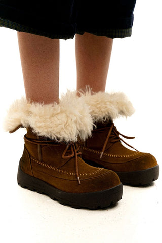 [Moromoro] Distressed Suede Fur-Lined Platform Snow  Boots
