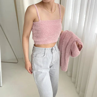 Fur Camisole Cardigan Set