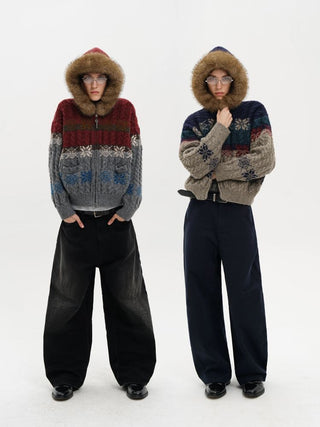 [MASONPRINCE] Fair Isle Fur Hood Wool Blend Cardigan