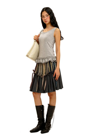 [Moromoro2] Lace Trim Plaid Patchwork Pleated  Skirt