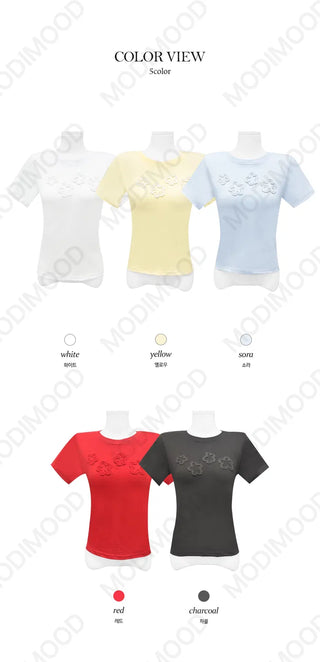 3D Flower Round Neck Short Sleeve T-Shirt - 5 Colors