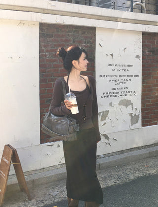 Slit elastic waist long skirt