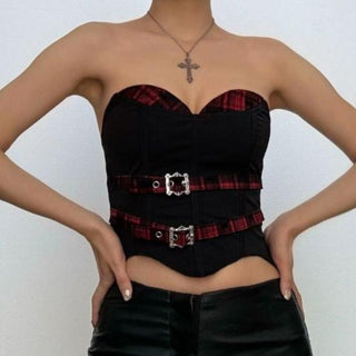 Sweetheart neck plaid buckle top