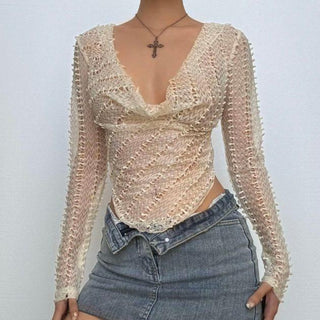 Cowl neck long sleeve irregular hollow out cut out top