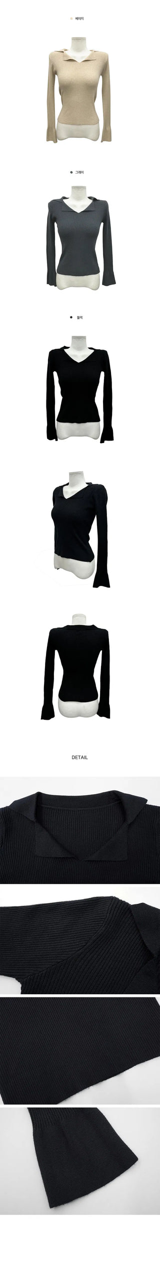 Mon Daily Collar V-Neck Long Sleeve Ribbed Knitwear - 3 Colors