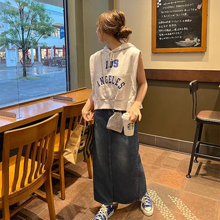 Washed denim long skirt