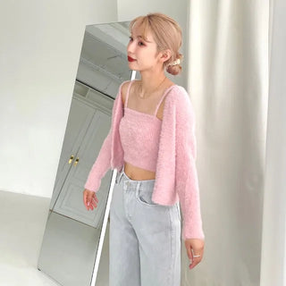 Fur Camisole Cardigan Set