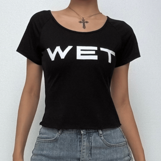 Short sleeve â€œWETâ€ ruffle u neck top