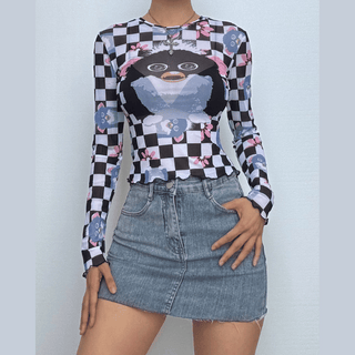 Long sleeve plaid print sheer mesh top