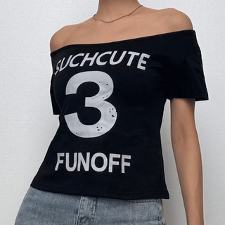 Short sleeve letter print off shoulder contrast top