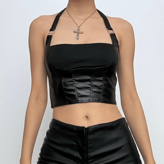 Halter PU leather buckle zip-up stitch solid top