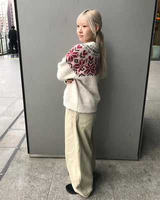 Colored Neck Nordic Knit Cardigan