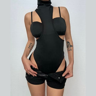 High neck hollow out 2 piece cami bodysuit