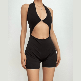 Halter solid v neck hollow out backless romper