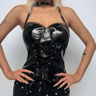 Halter PU leather lace up backless top