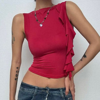 Ruffle crewneck solid irregular top
