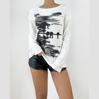 Long sleeve irregular print textured contrast top