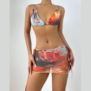 Hollow out print self tie mesh mini skirt set