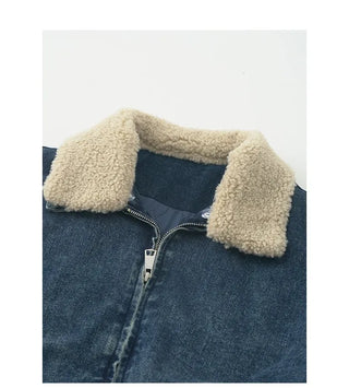 Detachable collar quilted denim zip-up jacket