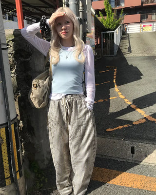 Striped pants with string waistband