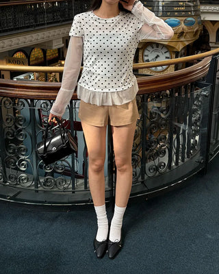Dot lace layered short-sleeved T-shirt