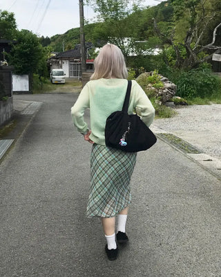 Waist ribbon detail check midi skirt