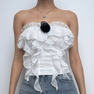 Rose applique ruffle ruched tube top