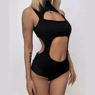 Hollow out high neck sleeveless solid bodysuit