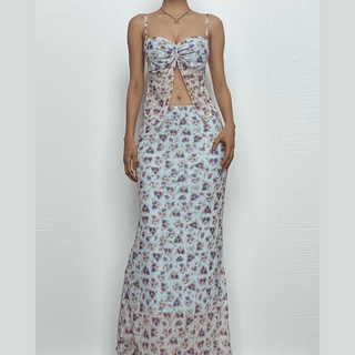 Print ruched high slit sweetheart neck mesh cami maxi skirt set