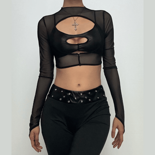 Long sleeve high neck hollow out gloves crop cut out top